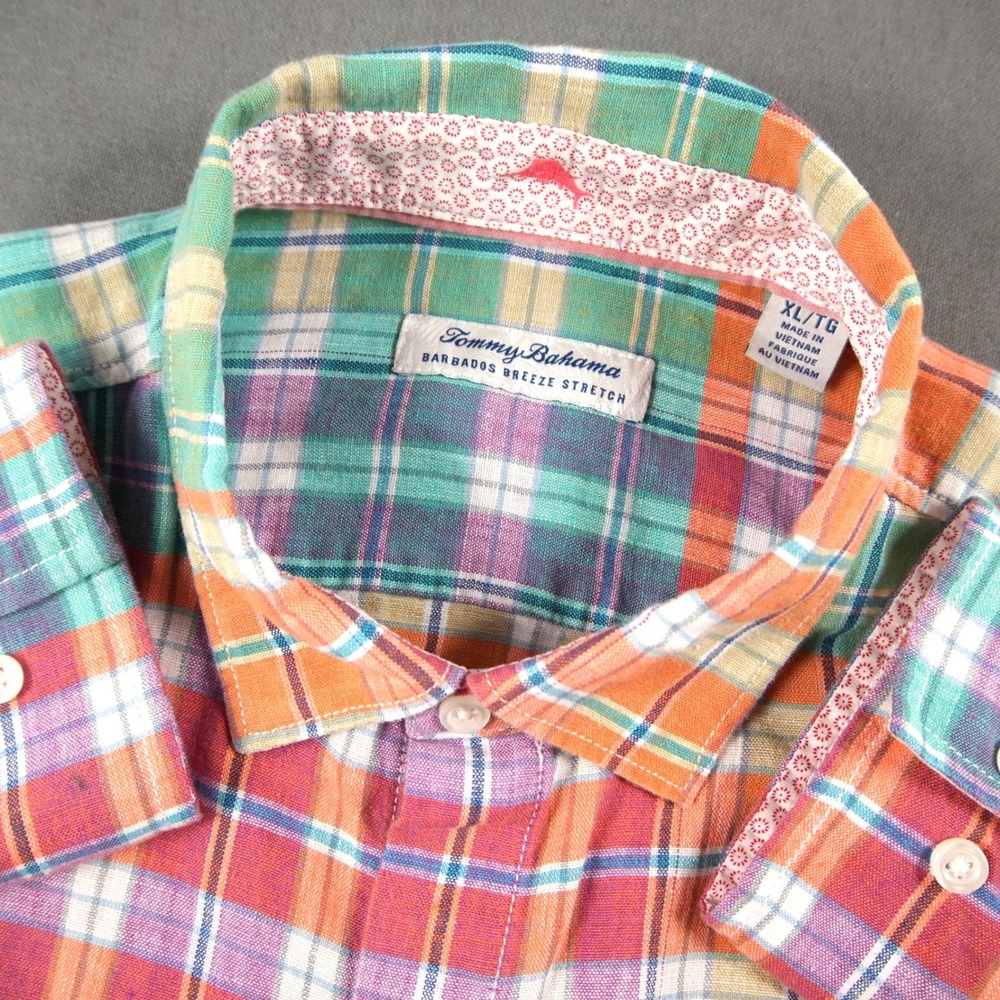 Tommy Bahama Barbados Breeze Linen Lycra Shirt Mens XL Stretch Plaid Multicolor
